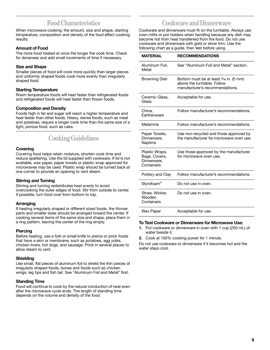 Whirlpool GH9185XL manual Food Characteristics, Cooking Guidelines, Cookware and Dinnerware 