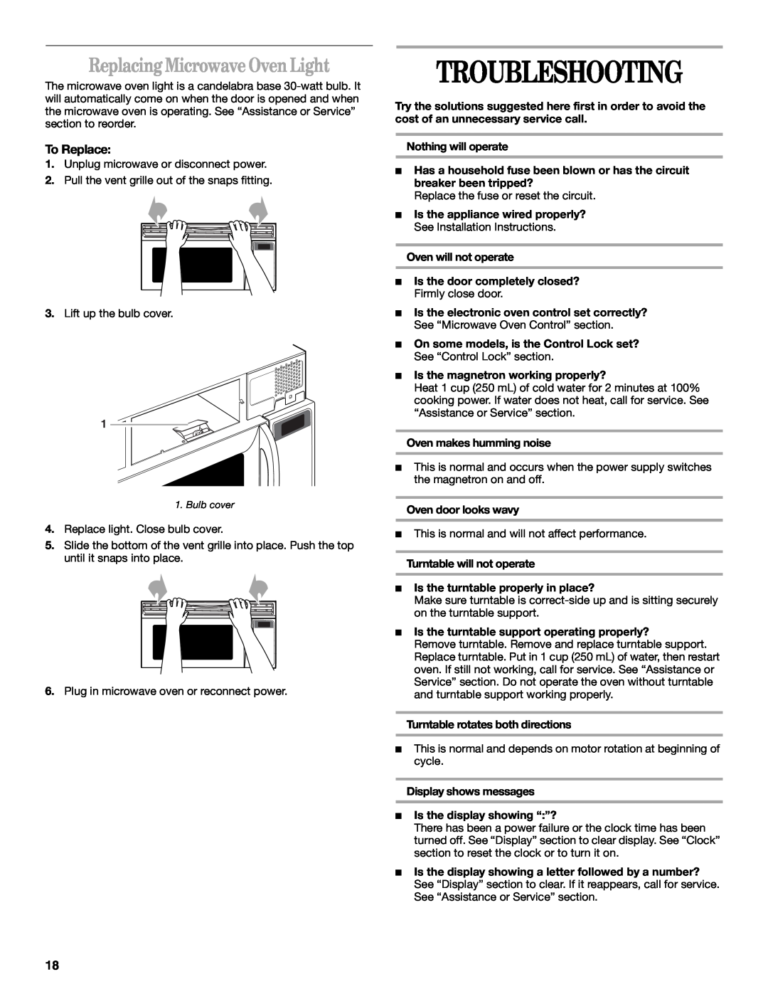 Whirlpool GH9185XL manual Troubleshooting, Replacing Microwave Oven Light 