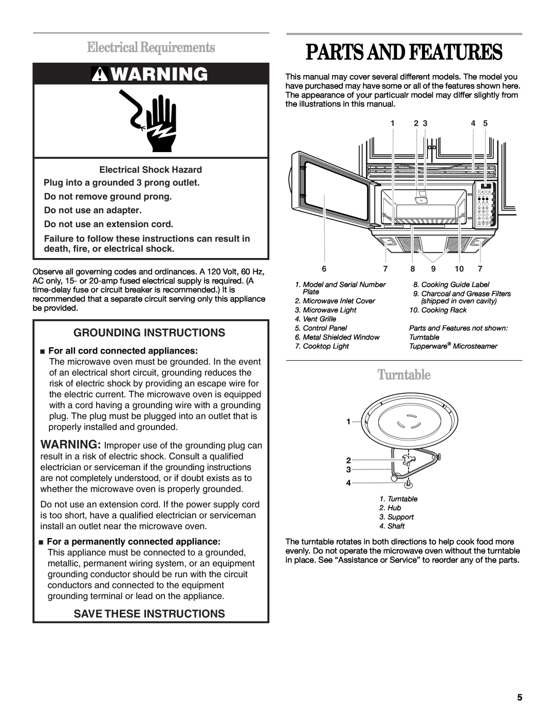 Whirlpool GH9185XL Parts And Features, Electrical Requirements, Turntable, Grounding Instructions, Save These Instructions 