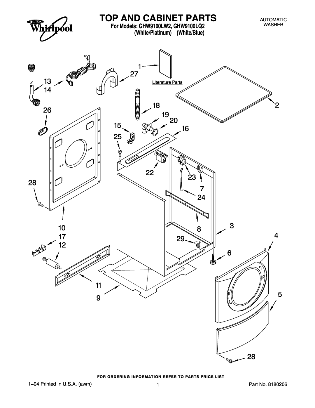 Whirlpool GHW9100LQ2 manual Top And Cabinet Parts, 1−04 Printed In U.S.A. awm, Automatic Washer 