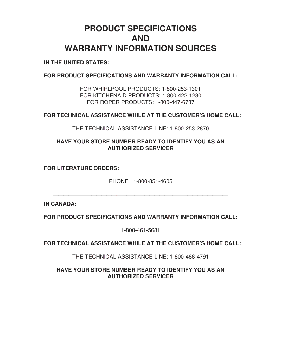 Whirlpool GHW9100L, GHW9200L manual Product Specifications Warranty Information Sources 