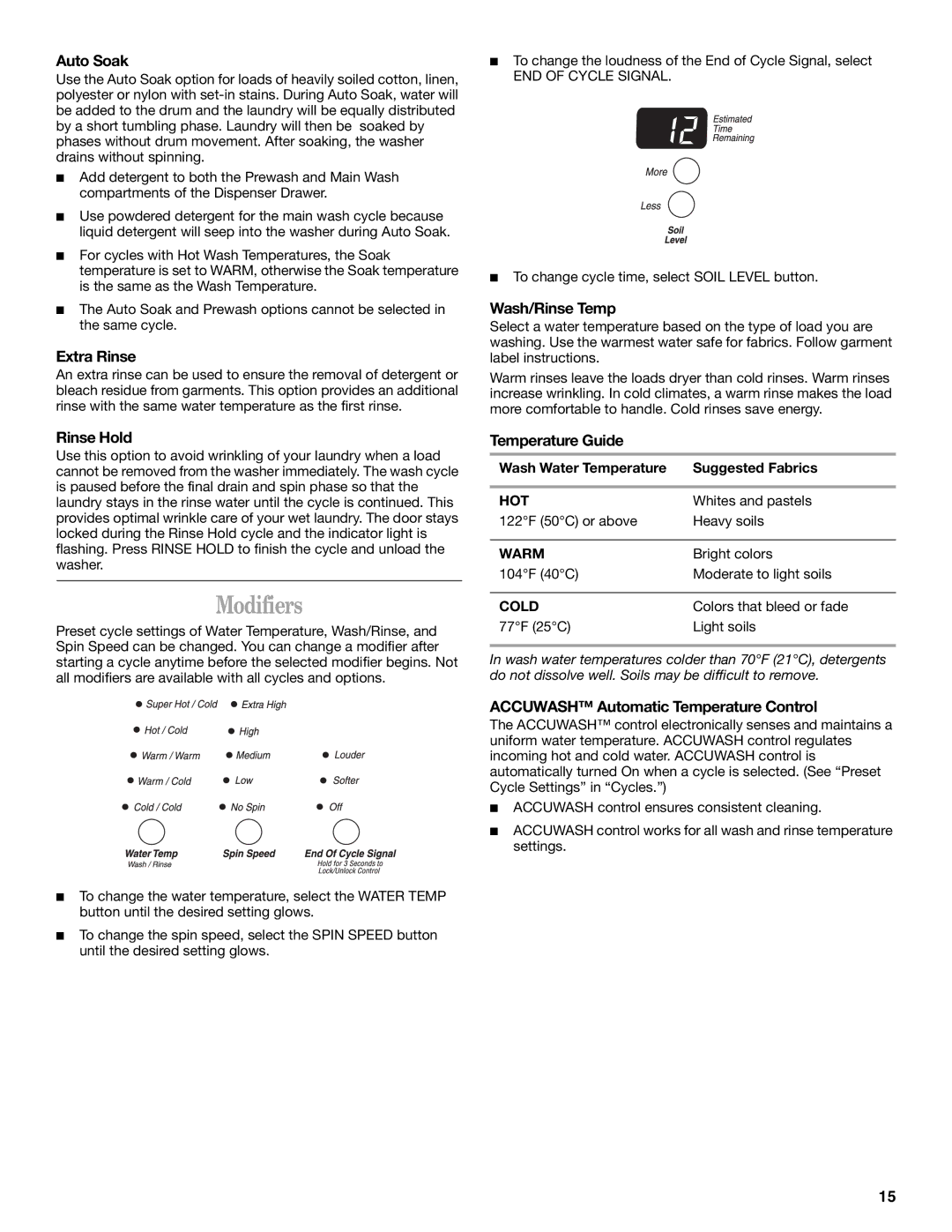 Whirlpool GHW9200LQ0 manual Modifiers 