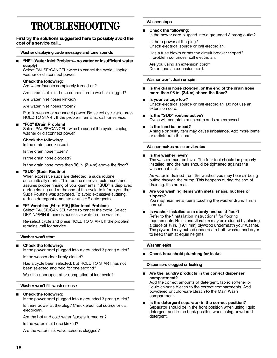 Whirlpool GHW9200LQ0 manual Troubleshooting 