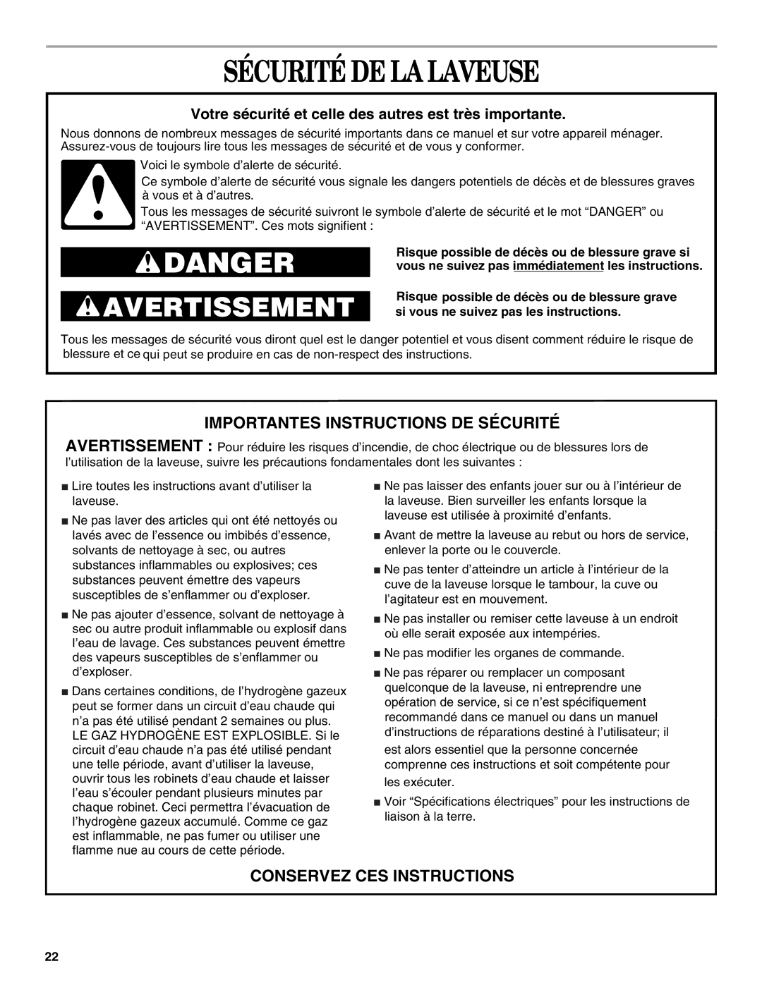 Whirlpool GHW9200LQ0 manual Sécurité DE LA Laveuse, Votre sécurité et celle des autres est très importante 