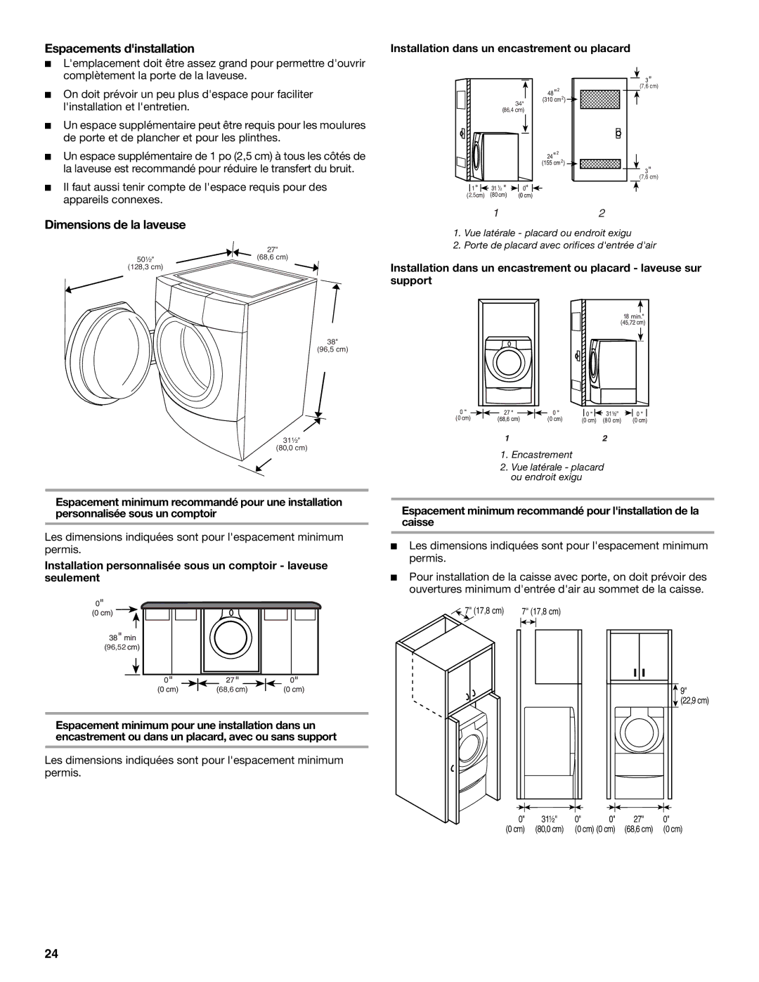 Whirlpool GHW9200LQ0 Espacements dinstallation, Dimensions de la laveuse, Installation dans un encastrement ou placard 