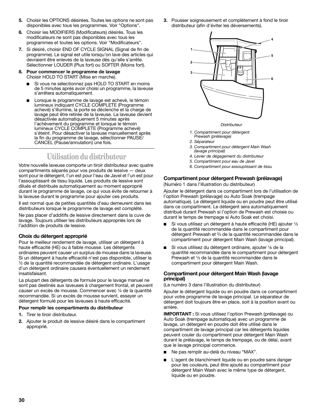 Whirlpool GHW9200LQ0 manual Utilisation du distributeur, Choix du détergent approprié 