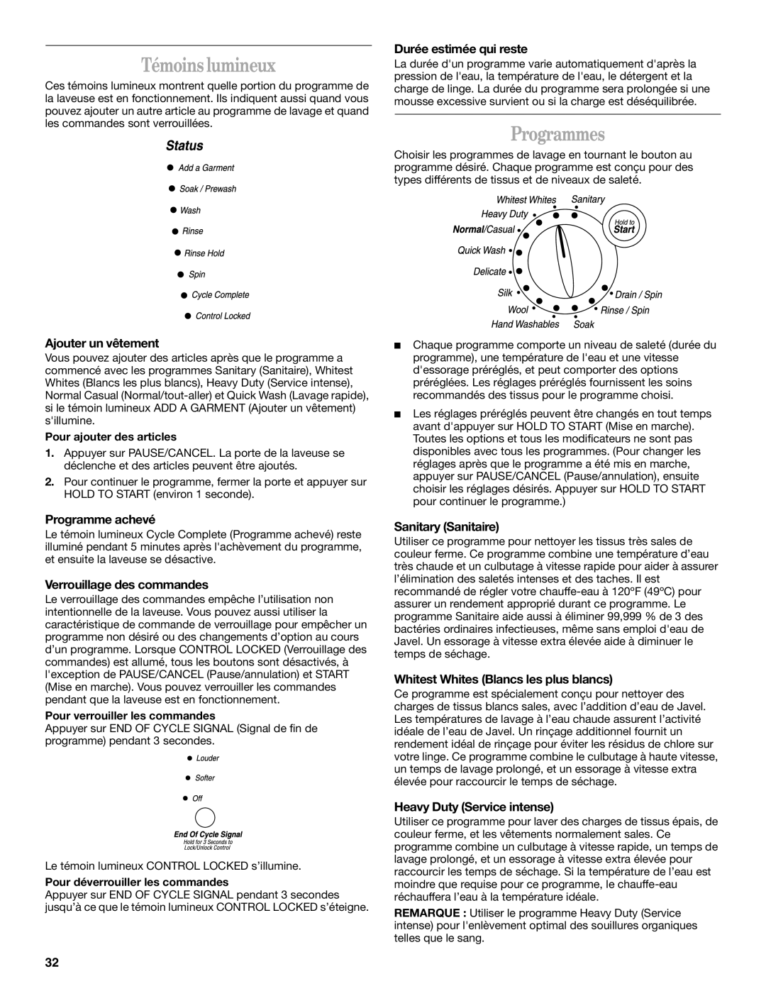 Whirlpool GHW9200LQ0 manual Témoins lumineux, Programmes 