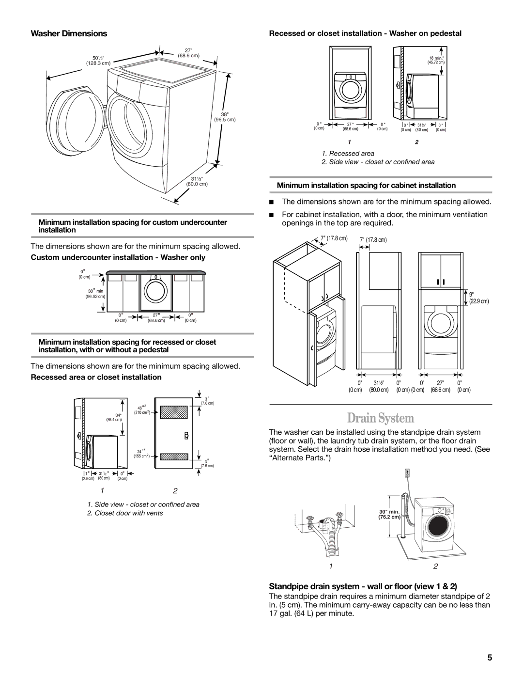 Whirlpool GHW9200LQ0 manual Drain System, Washer Dimensions, Standpipe drain system wall or floor view 1 