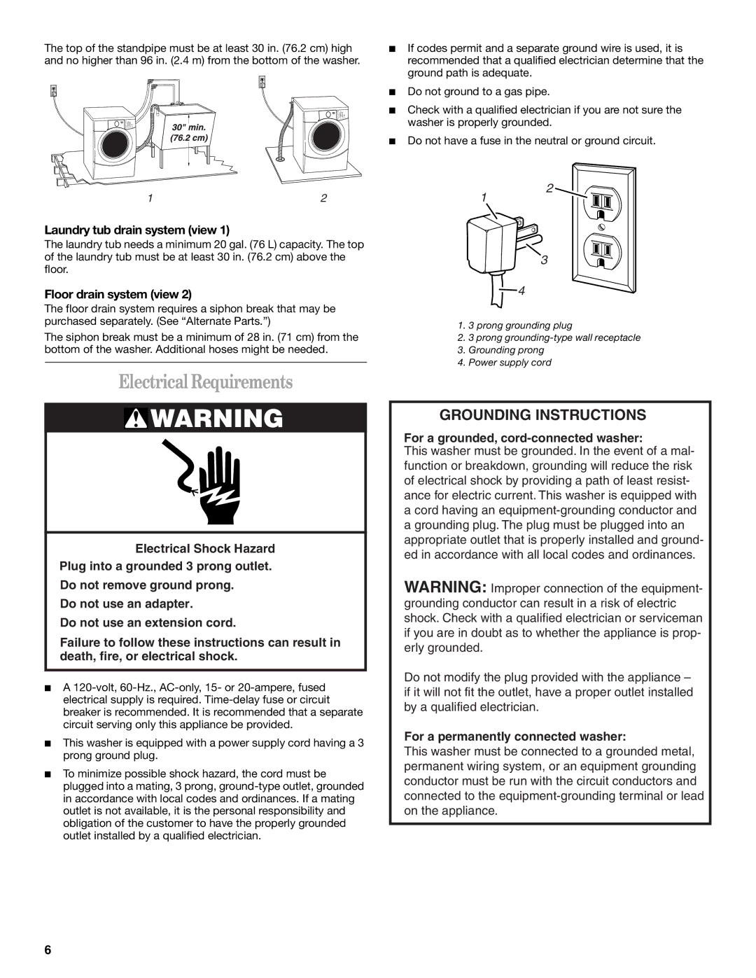 Whirlpool GHW9200LQ0 manual Electrical Requirements, Laundry tub drain system view, Floor drain system view 