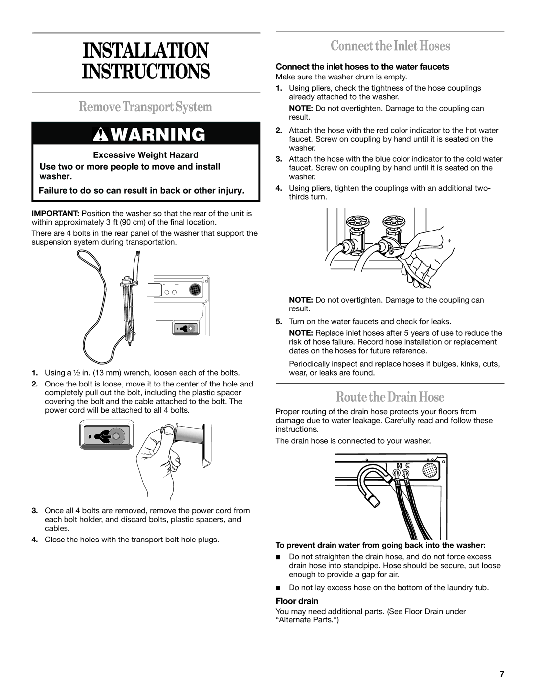 Whirlpool GHW9200LQ0 Installation Instructions, Remove Transport System, Connect the Inlet Hoses, Route the Drain Hose 