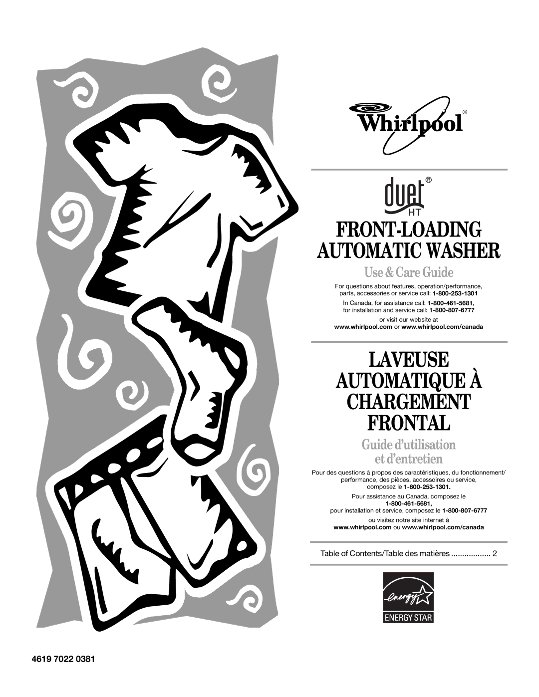 Whirlpool GHW9250ML1 manual Front-Loading, Laveuse Automatique À Chargement Frontal, Use & Care Guide, 4619 7022 