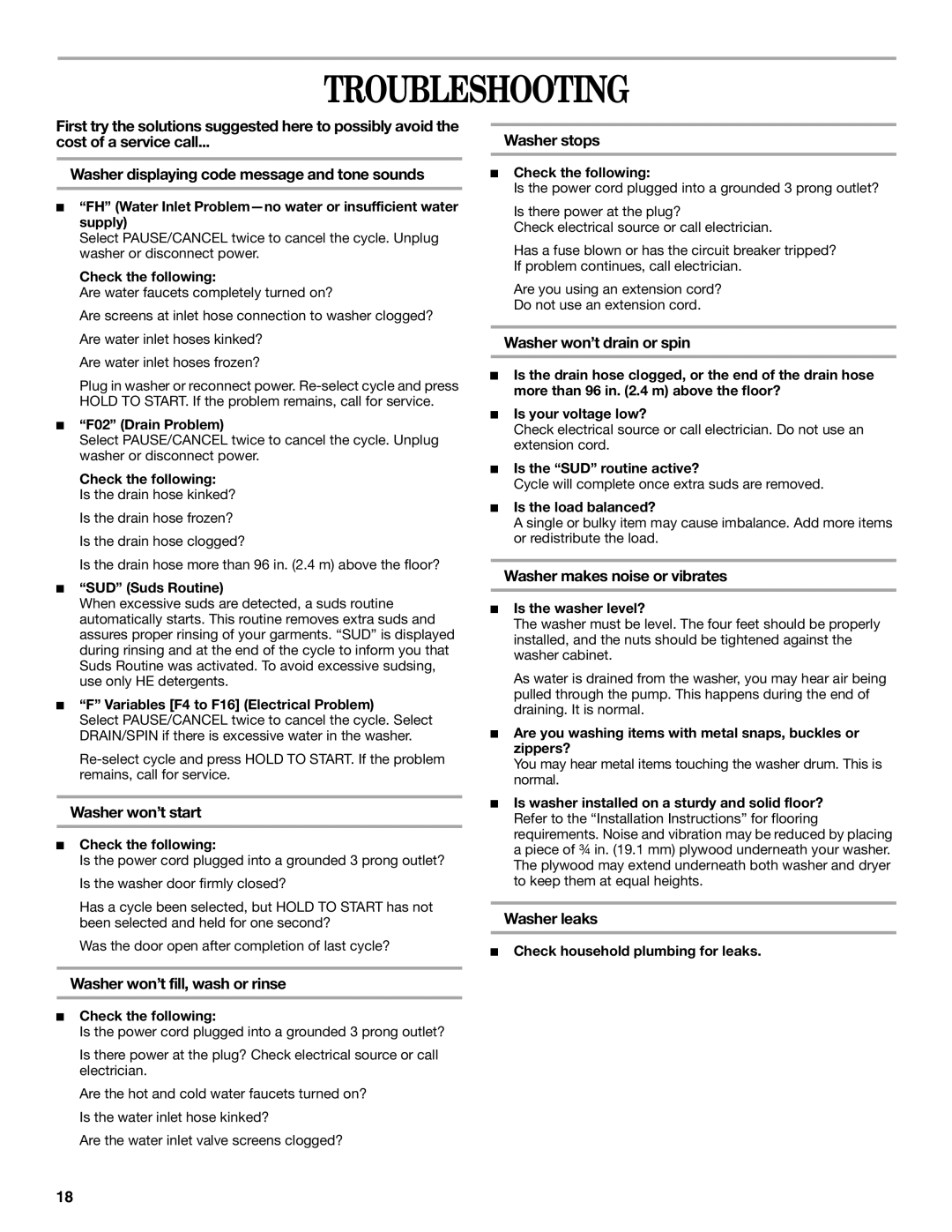 Whirlpool GHW9250ML1 manual Troubleshooting 