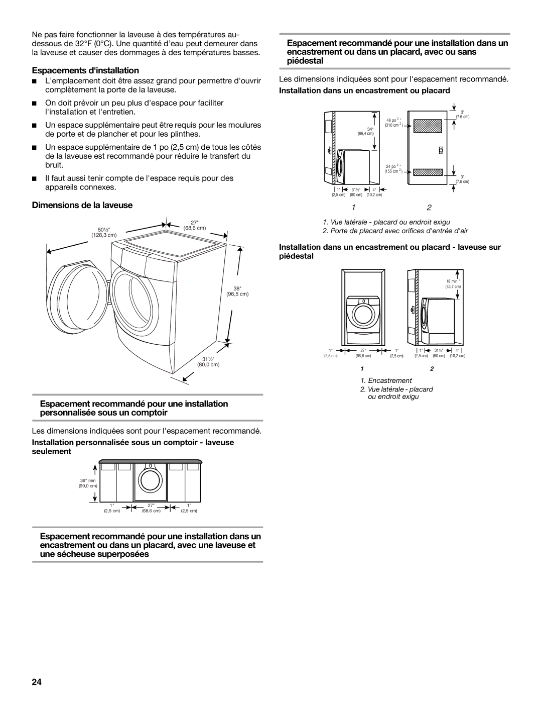 Whirlpool GHW9250ML1 Espacements dinstallation, Dimensions de la laveuse, Installation dans un encastrement ou placard 