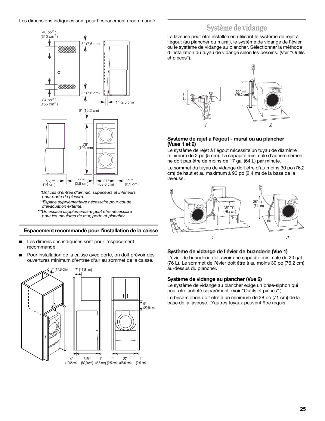 Whirlpool GHW9250ML1 manual Système de vidange, Système de rejet à l’égout mural ou au plancher Vues 1 et 