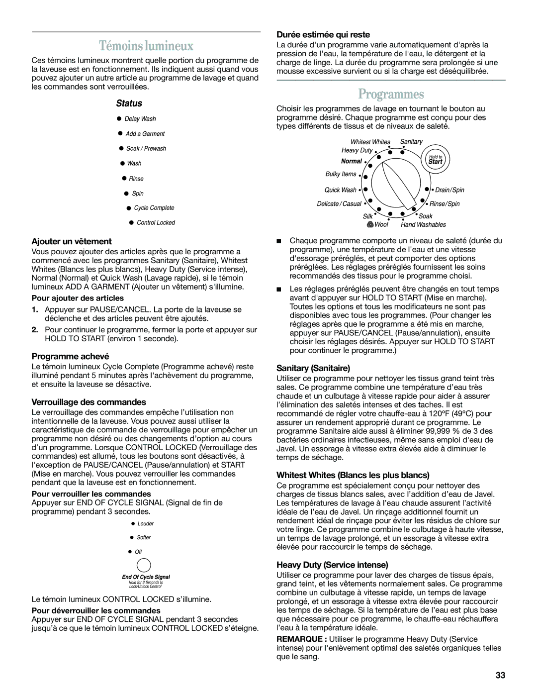 Whirlpool GHW9250ML1 manual Témoins lumineux, Programmes 