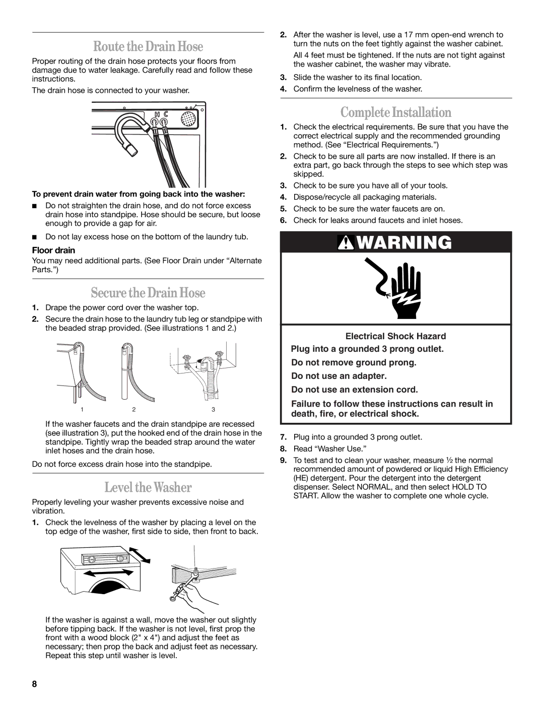 Whirlpool GHW9250ML1 Route the Drain Hose, Secure the Drain Hose, Level the Washer, Complete Installation, Floor drain 