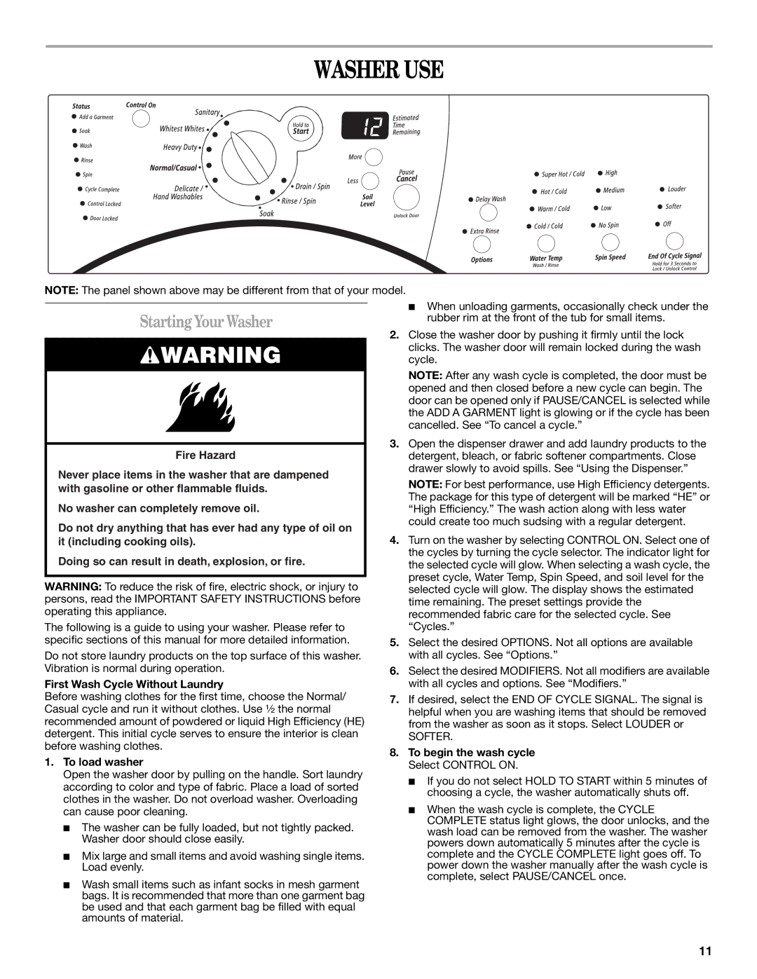 Whirlpool GHW9300PW0 manual Washer USE, StartingYourWasher, First Wash Cycle Without Laundry, To load washer 