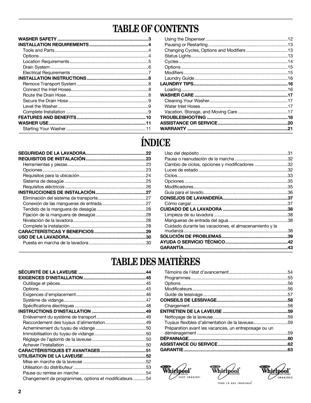 Whirlpool GHW9300PW0 manual Table of Contents, Índice, Table DES Matières 