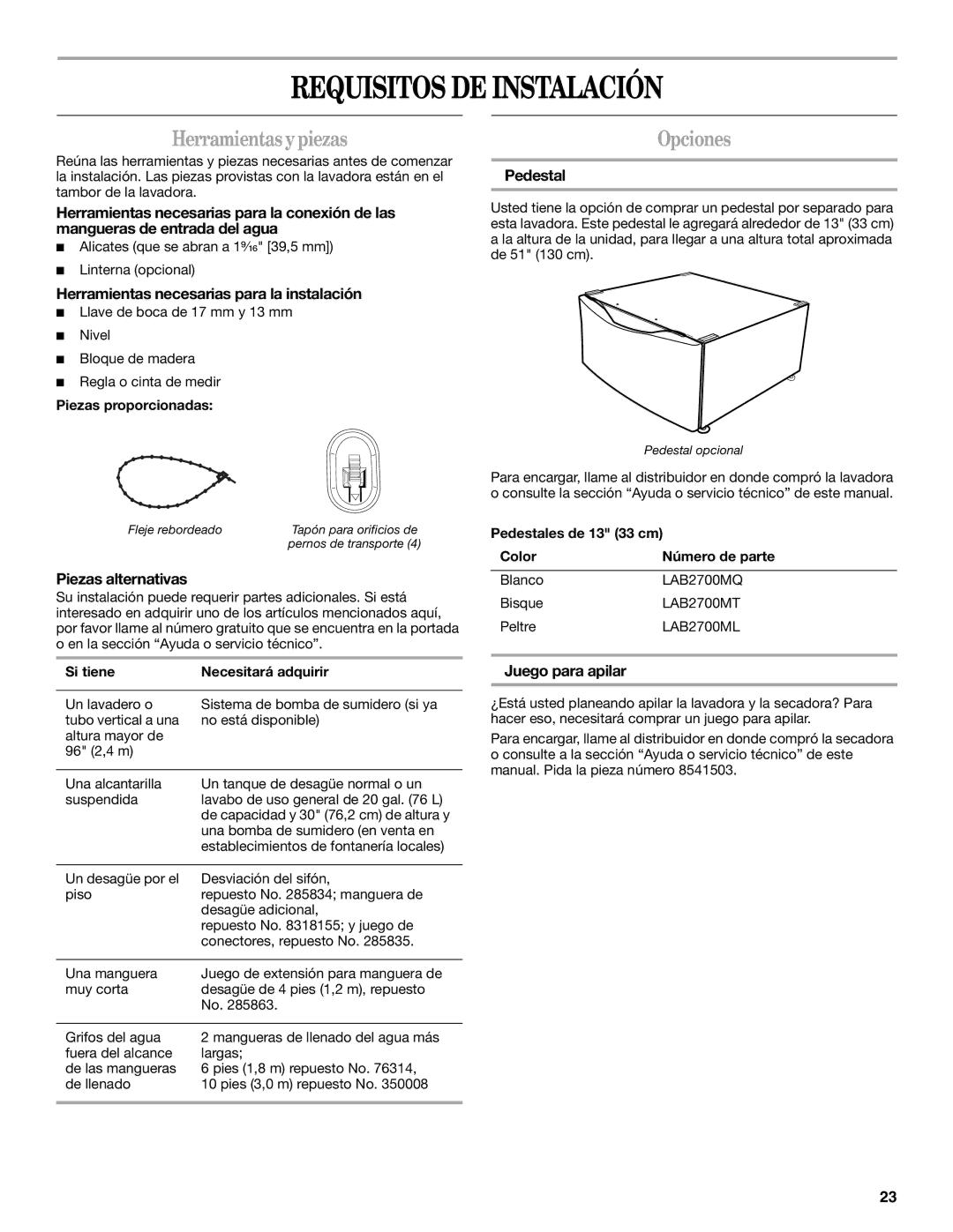 Whirlpool GHW9300PW0 manual Requisitos DE Instalación, Herramientasypiezas, Opciones 