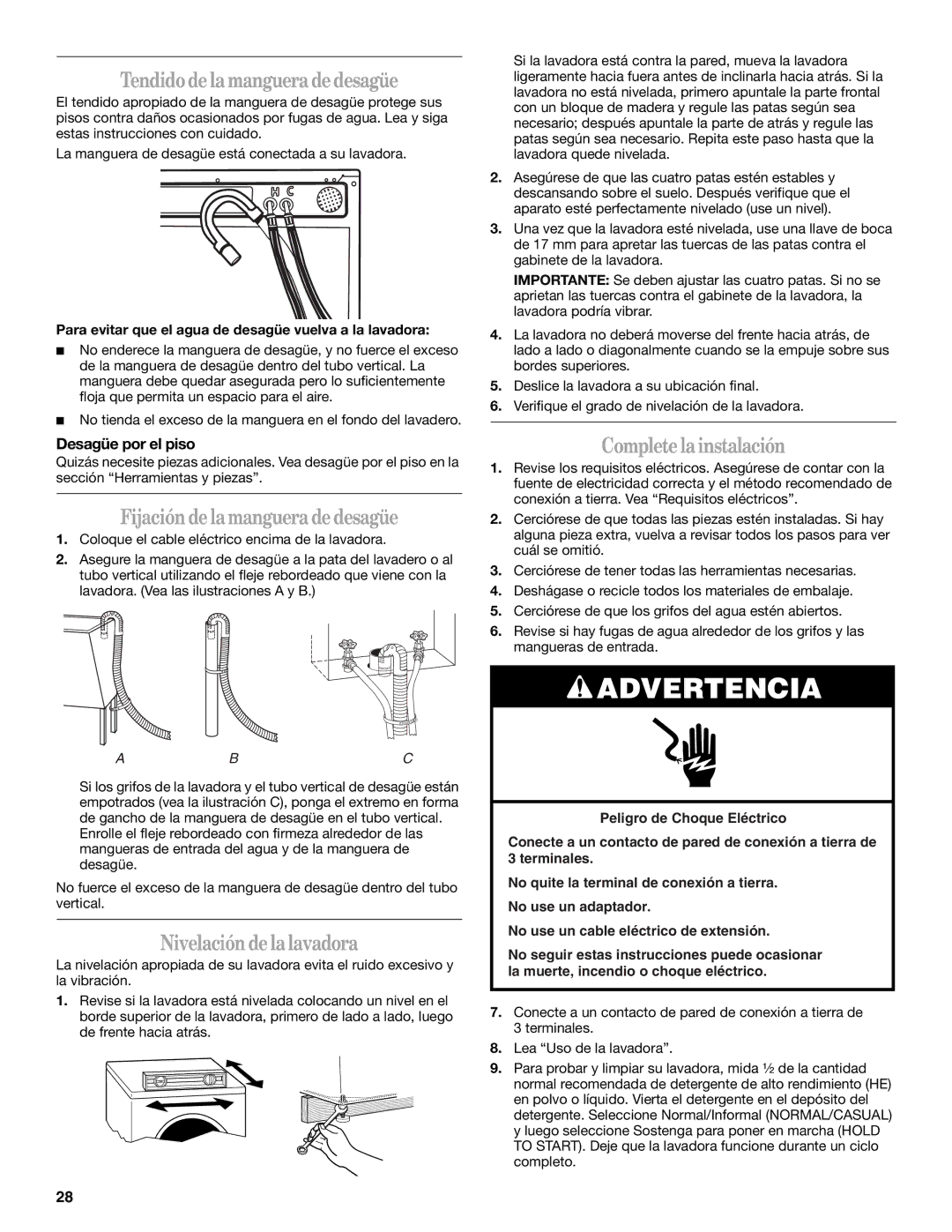 Whirlpool GHW9300PW0 manual Tendidodelamangueradedesagüe, Fijación delamangueradedesagüe, Nivelación delalavadora 