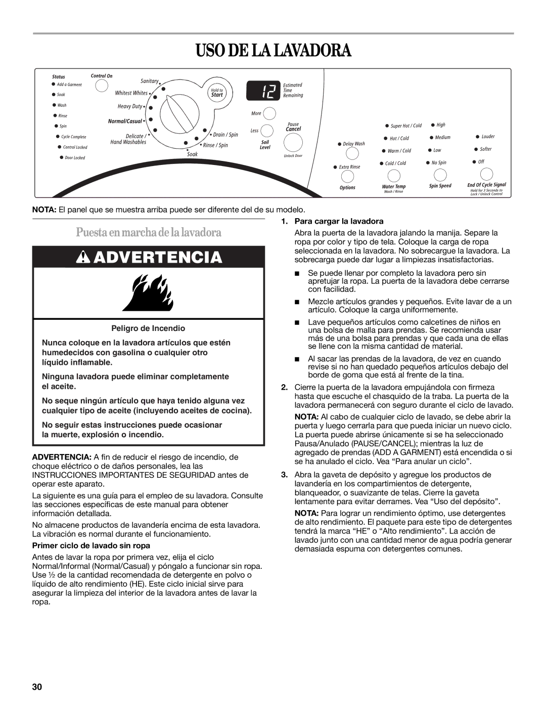 Whirlpool GHW9300PW0 manual USO DE LA Lavadora, Puestaenmarchadelalavadora, Primer ciclo de lavado sin ropa 