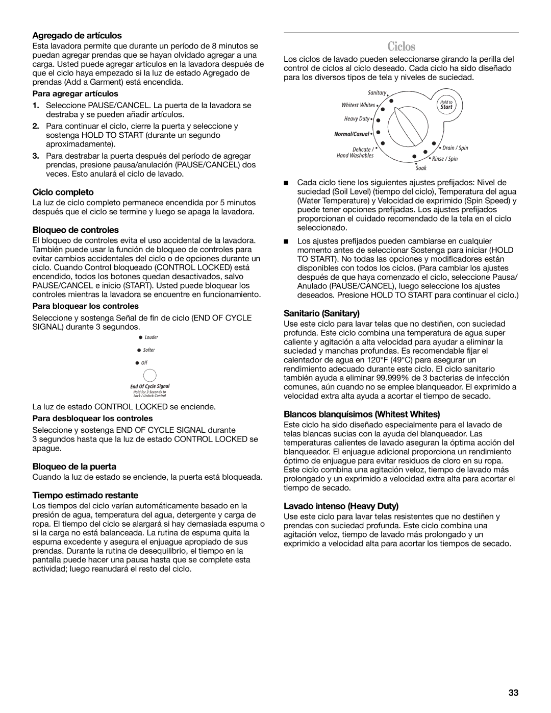 Whirlpool GHW9300PW0 manual Ciclos 