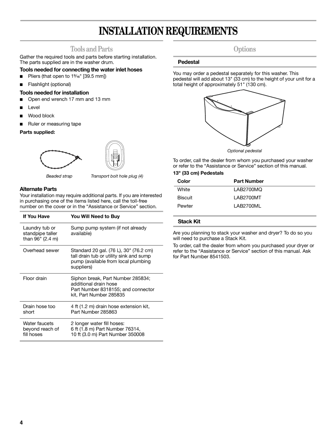 Whirlpool GHW9300PW0 manual Installation Requirements, ToolsandParts, Options 