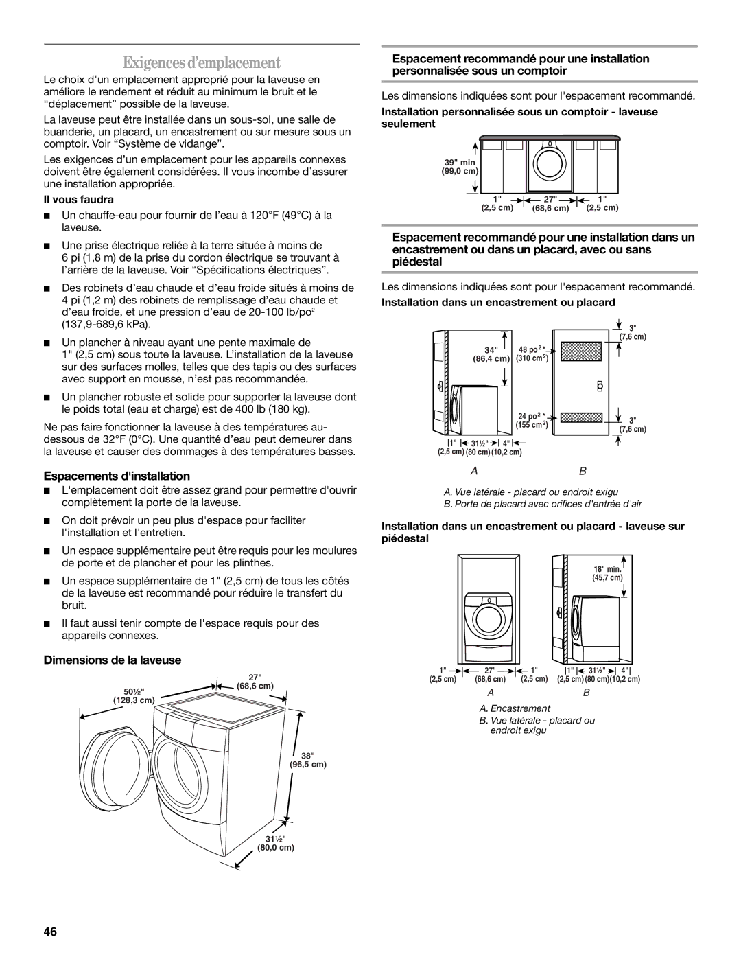 Whirlpool GHW9300PW0 manual Exigences d’emplacement, Espacements dinstallation, Il vous faudra 