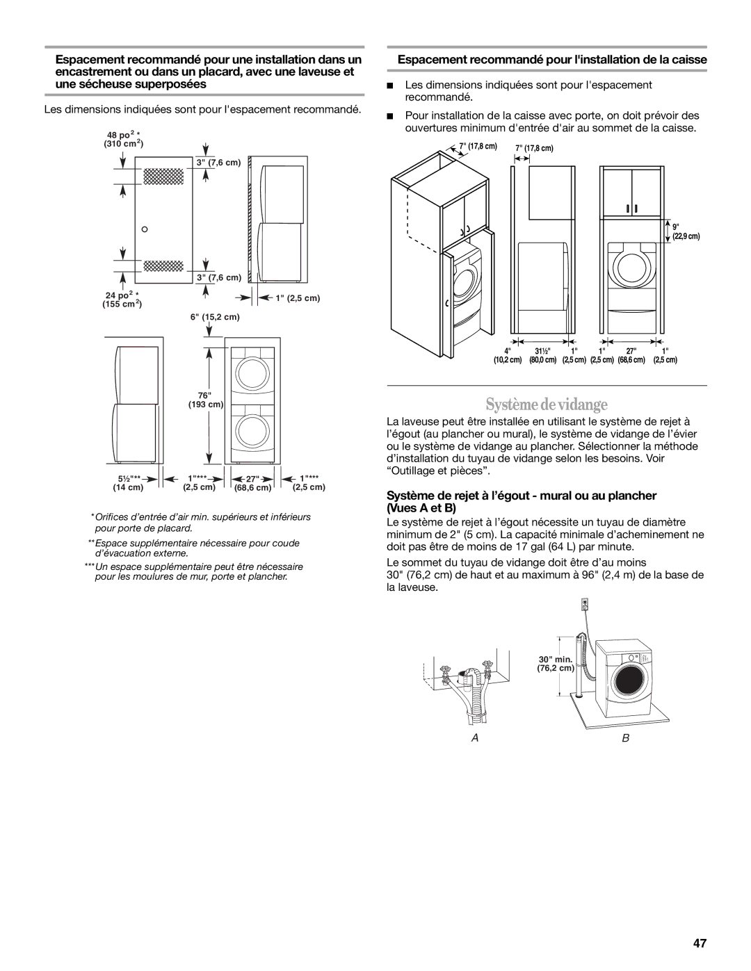 Whirlpool GHW9300PW0 manual Systèmedevidange, Espacement recommandé pour linstallation de la caisse 