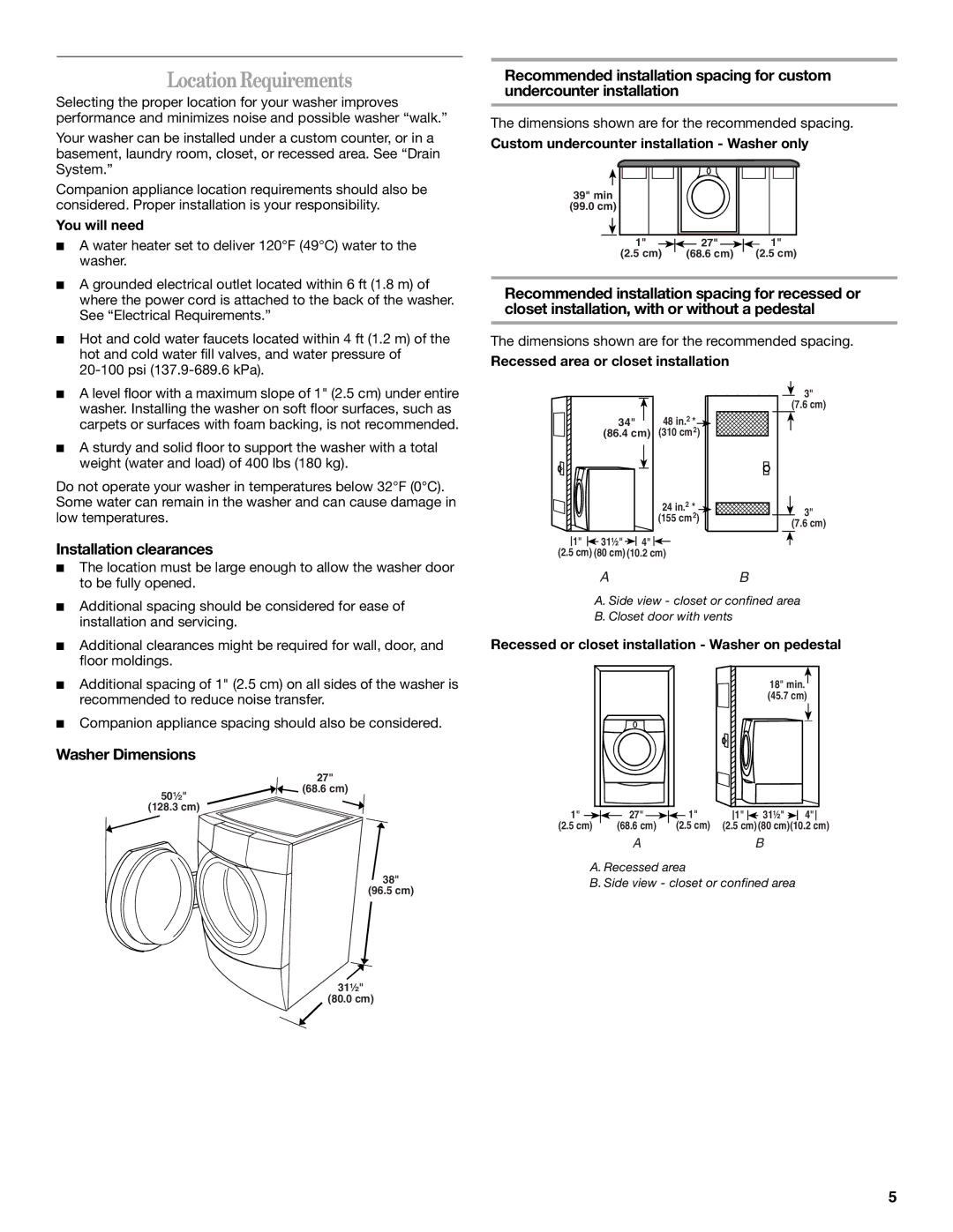 Whirlpool GHW9300PW0 manual LocationRequirements, Installation clearances 