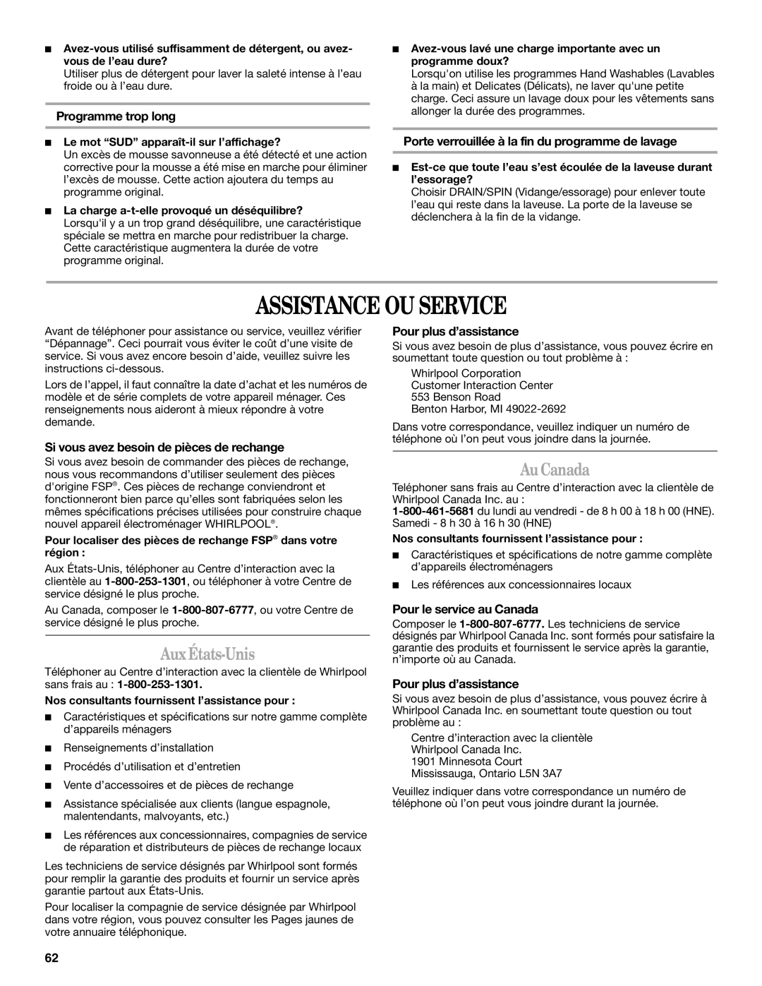 Whirlpool GHW9300PW0 manual Assistance OU Service, AuxÉtats-Unis, Au Canada 