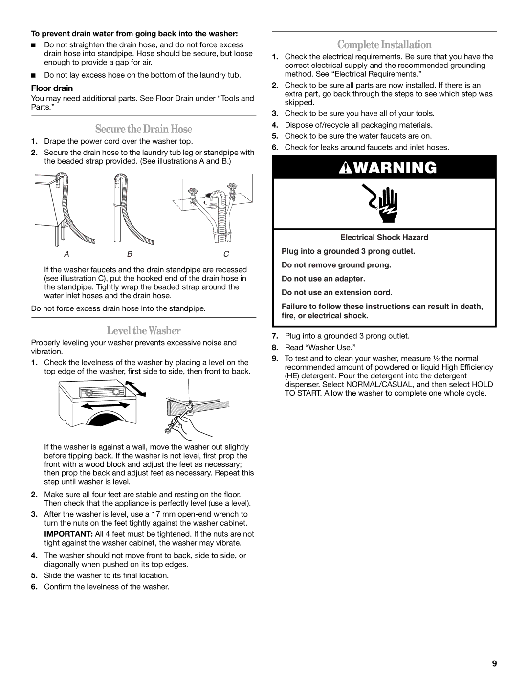 Whirlpool GHW9300PW0 manual SecuretheDrain Hose, Level theWasher, CompleteInstallation, Floor drain 