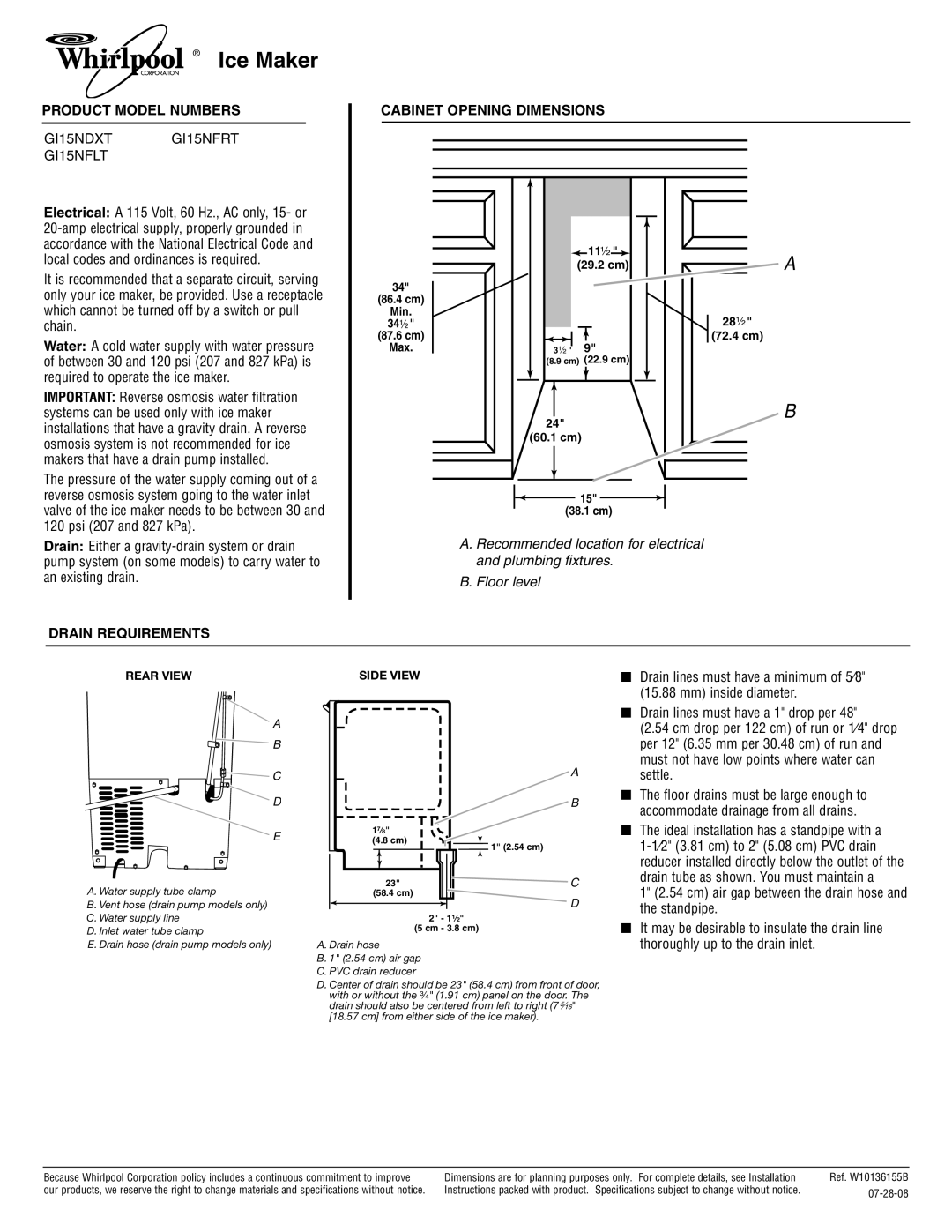 Whirlpool dimensions Ice Maker, Product Model Numbers, GI15NDXT GI15NFRT GI15NFLT 