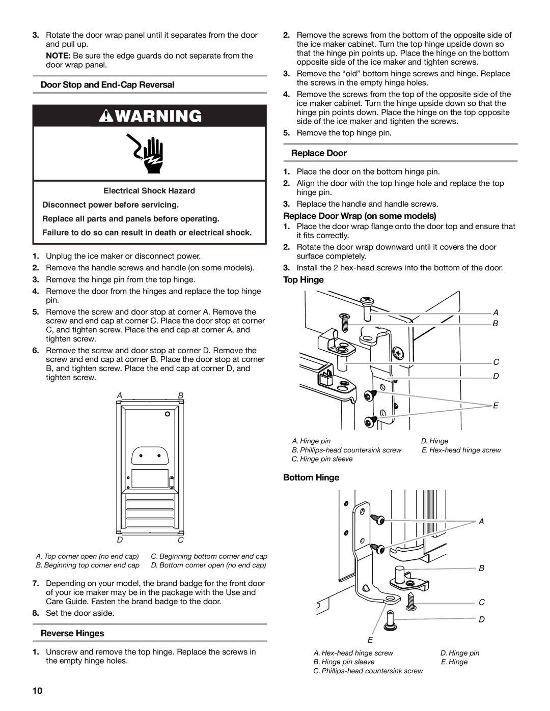 Whirlpool GI15NDXZS manual Door Stop and End-Cap Reversal, Reverse Hinges, Replace Door Wrap on some models, Top Hinge 