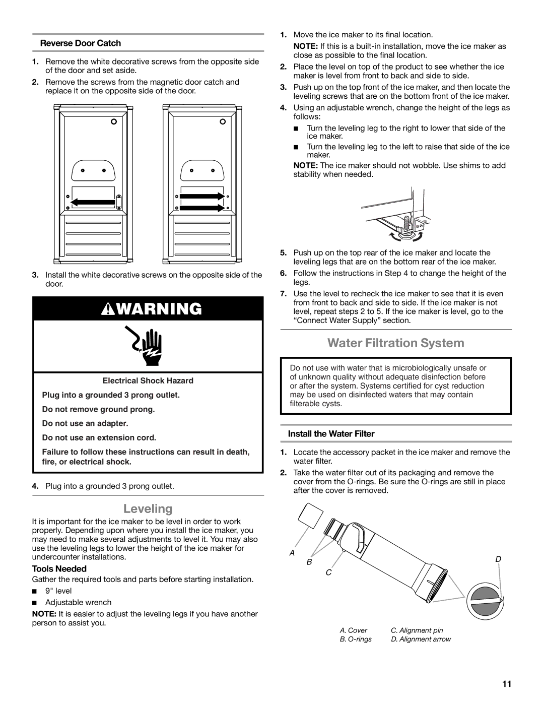 Whirlpool GI15NDXZB, GI15NDXZQ, GI15NDXZS Leveling, Water Filtration System, Reverse Door Catch, Install the Water Filter 