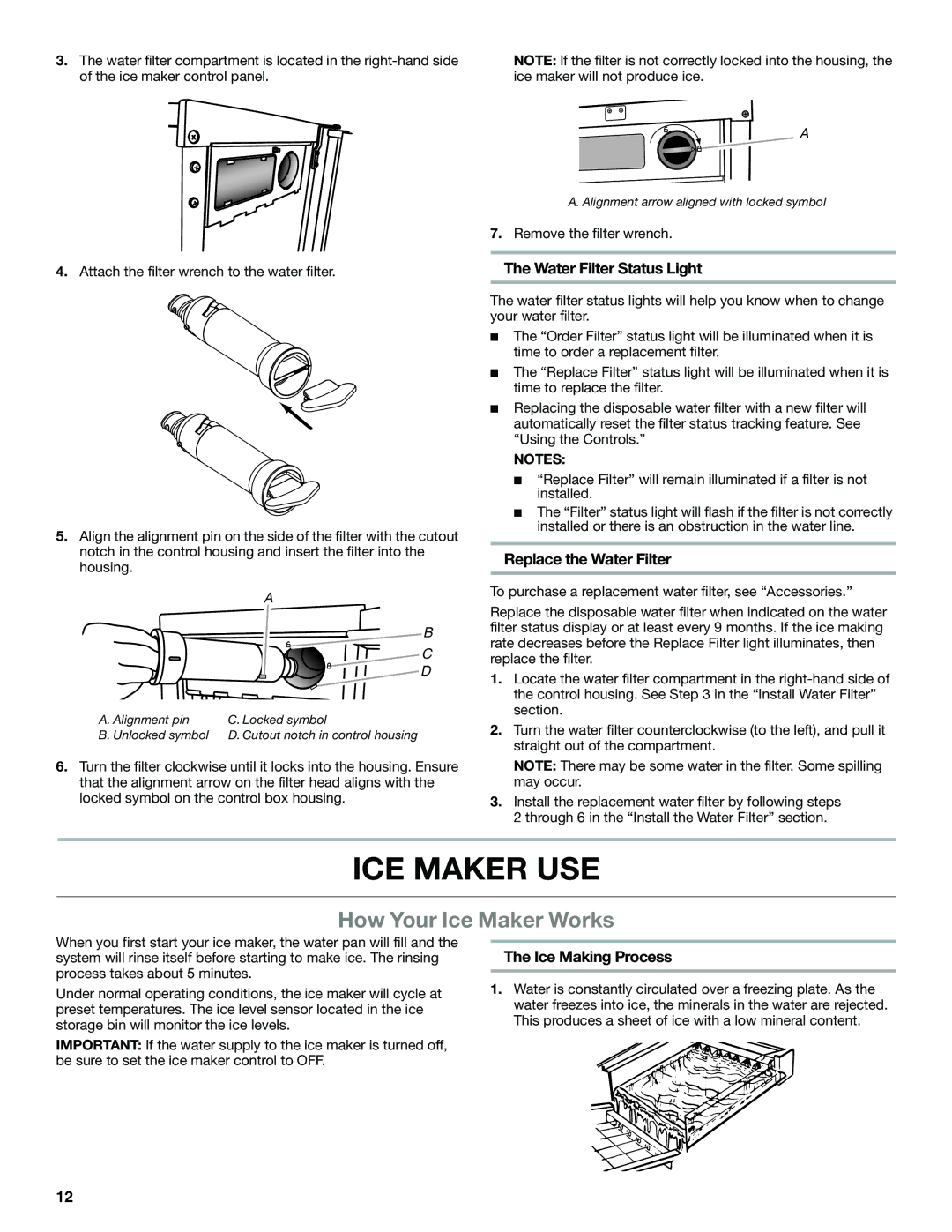 Whirlpool GI15NDXZQ manual ICE Maker USE, How Your Ice Maker Works, Water Filter Status Light, Replace the Water Filter 