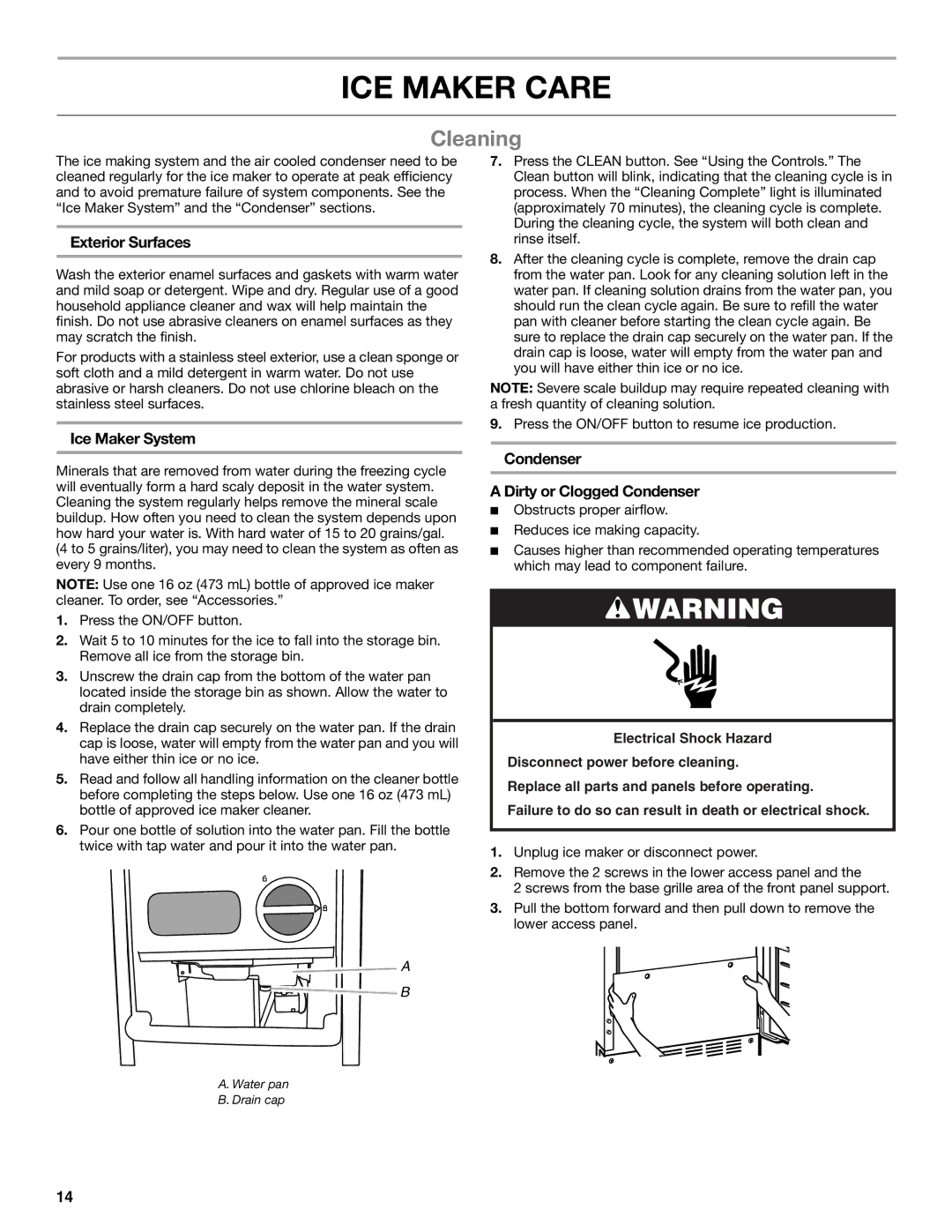 Whirlpool GI15NDXZB ICE Maker Care, Cleaning, Exterior Surfaces, Ice Maker System, Condenser Dirty or Clogged Condenser 