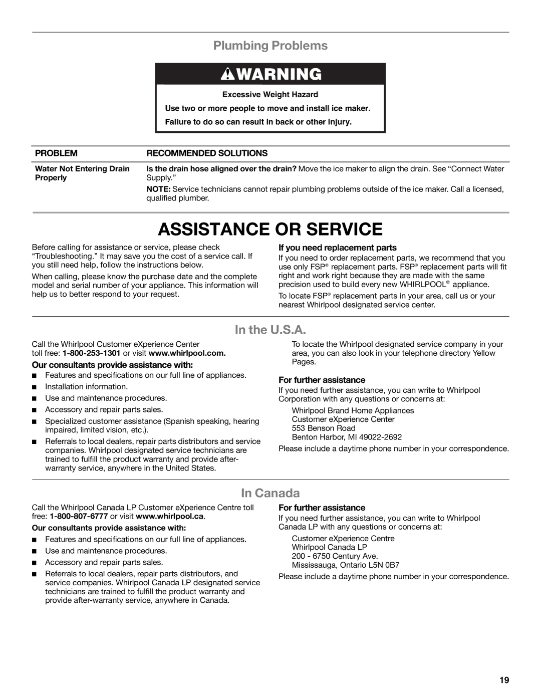 Whirlpool GI15NDXZS, GI15NDXZQ manual U.S.A, Canada, If you need replacement parts, Our consultants provide assistance with 