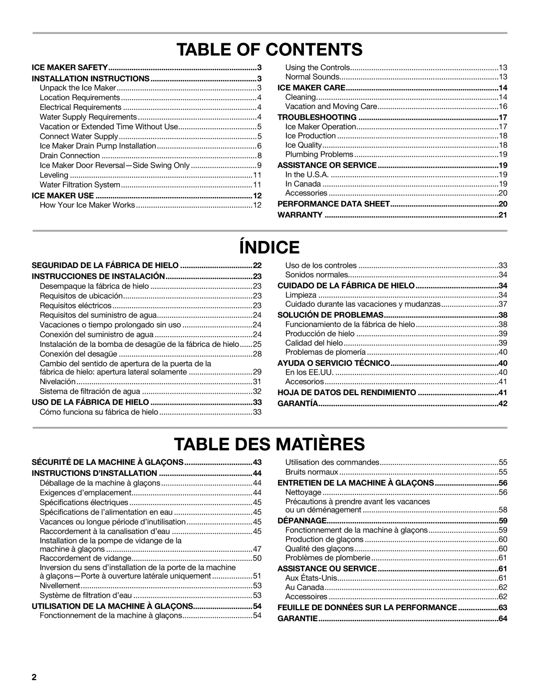 Whirlpool GI15NDXZB, GI15NDXZQ, GI15NDXZS manual Table of Contents, Índice, Table DES Matières 