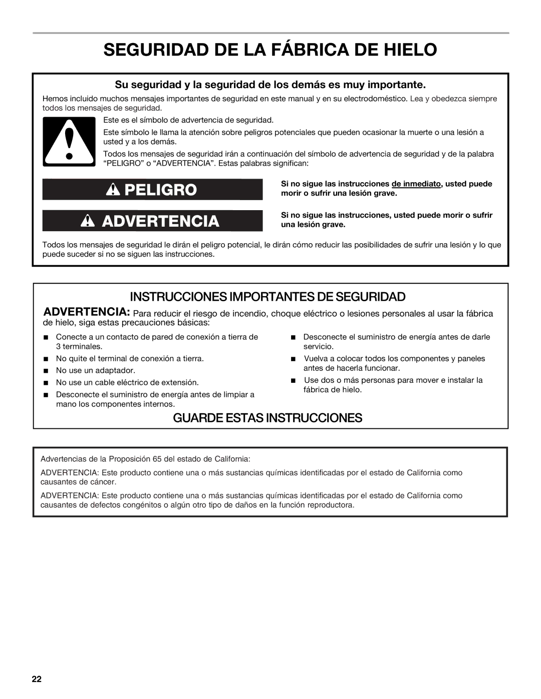 Whirlpool GI15NDXZS manual Seguridad DE LA Fábrica DE Hielo, Su seguridad y la seguridad de los demás es muy importante 