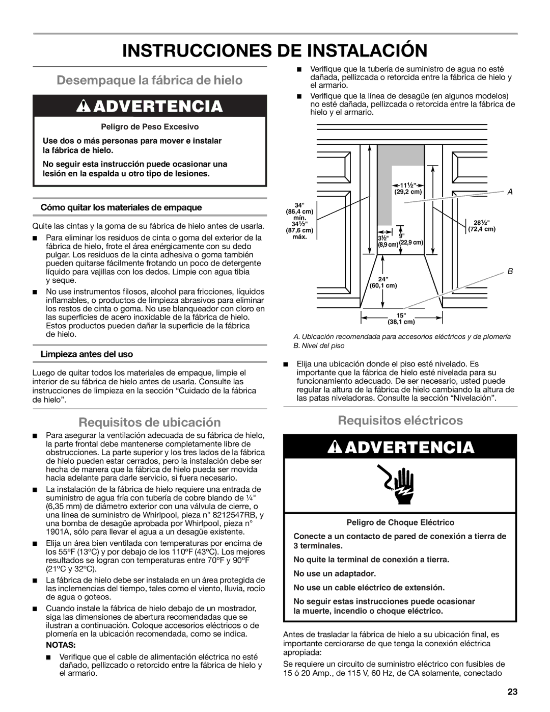 Whirlpool GI15NDXZB, GI15NDXZQ manual Instrucciones DE Instalación, Desempaque la fábrica de hielo, Requisitos de ubicación 