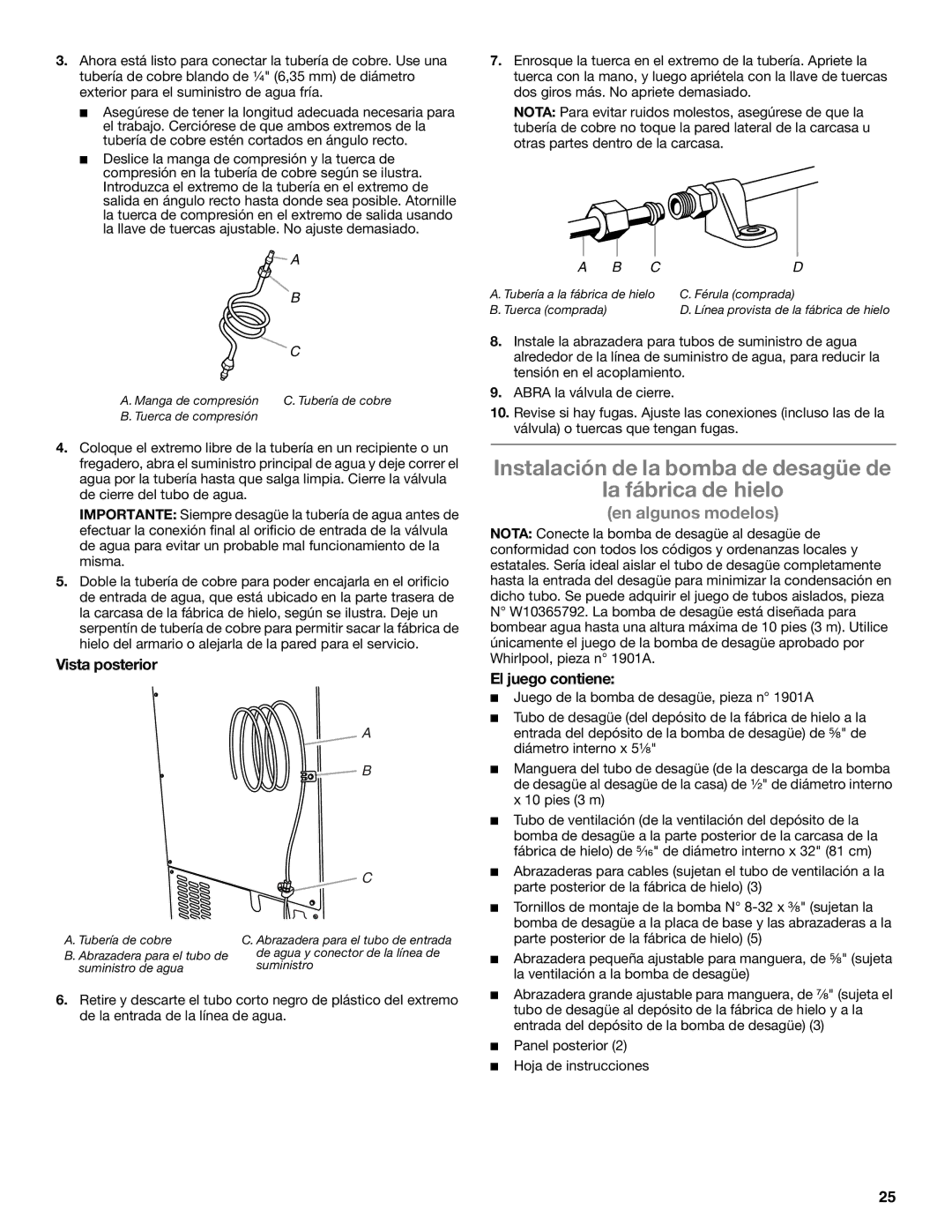 Whirlpool GI15NDXZS manual Instalación de la bomba de desagüe de La fábrica de hielo, Vista posterior, El juego contiene 