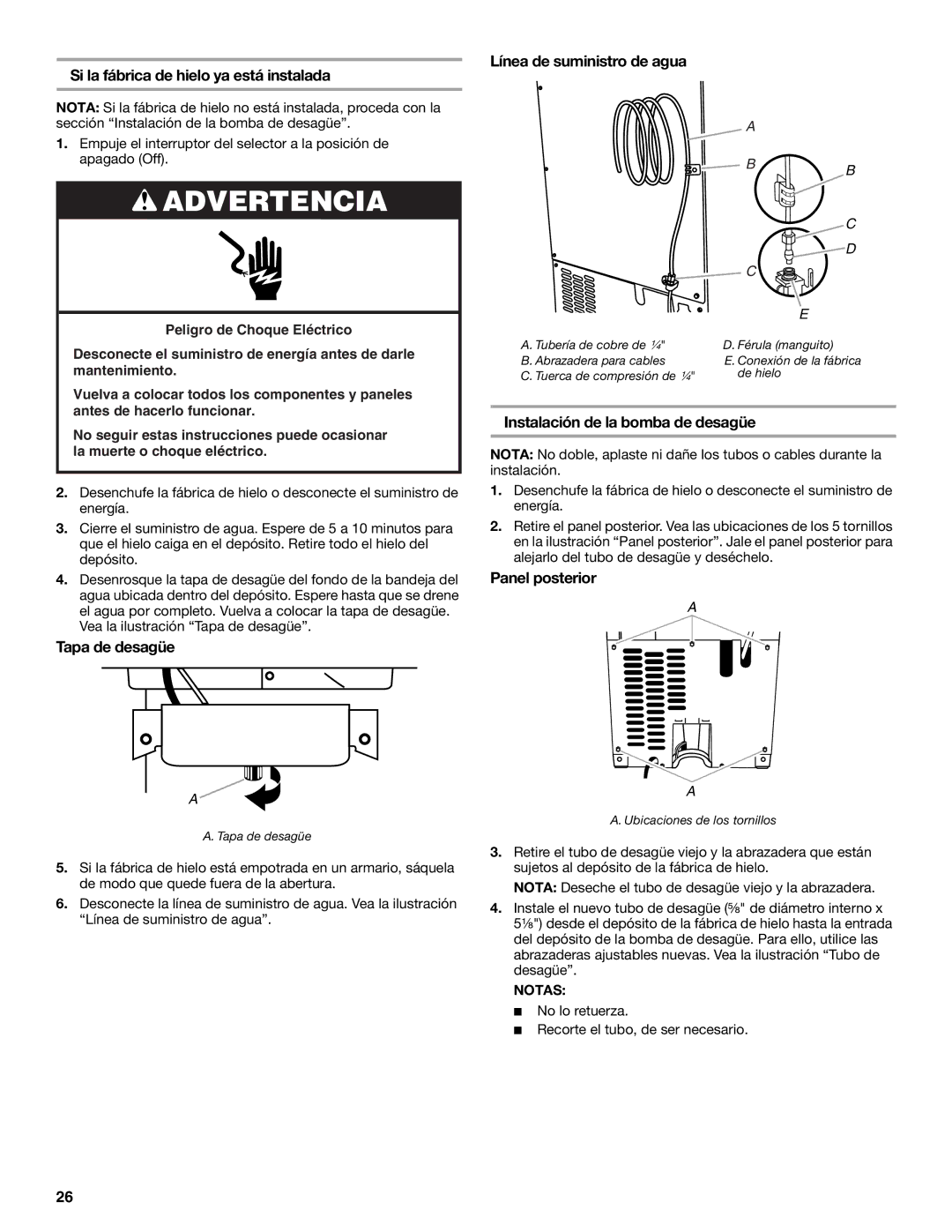 Whirlpool GI15NDXZB, GI15NDXZQ manual Si la fábrica de hielo ya está instalada, Tapa de desagüe, Línea de suministro de agua 