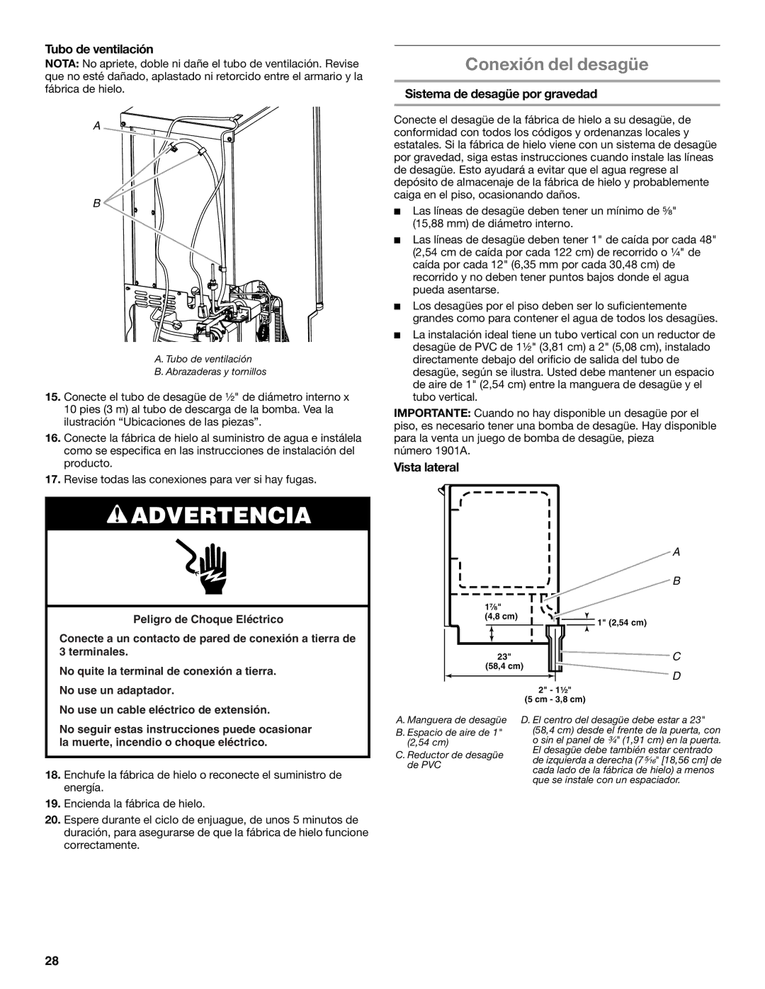 Whirlpool GI15NDXZS, GI15NDXZQ Conexión del desagüe, Tubo de ventilación, Sistema de desagüe por gravedad, Vista lateral 