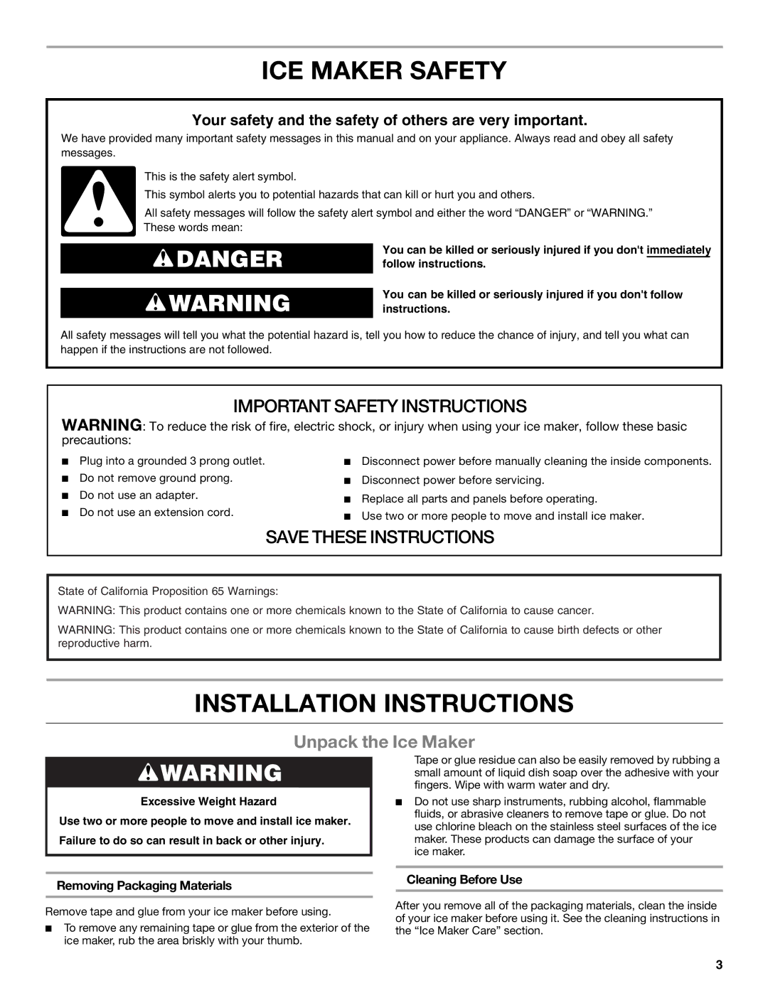 Whirlpool GI15NDXZQ manual ICE Maker Safety, Installation Instructions, Unpack the Ice Maker, Removing Packaging Materials 