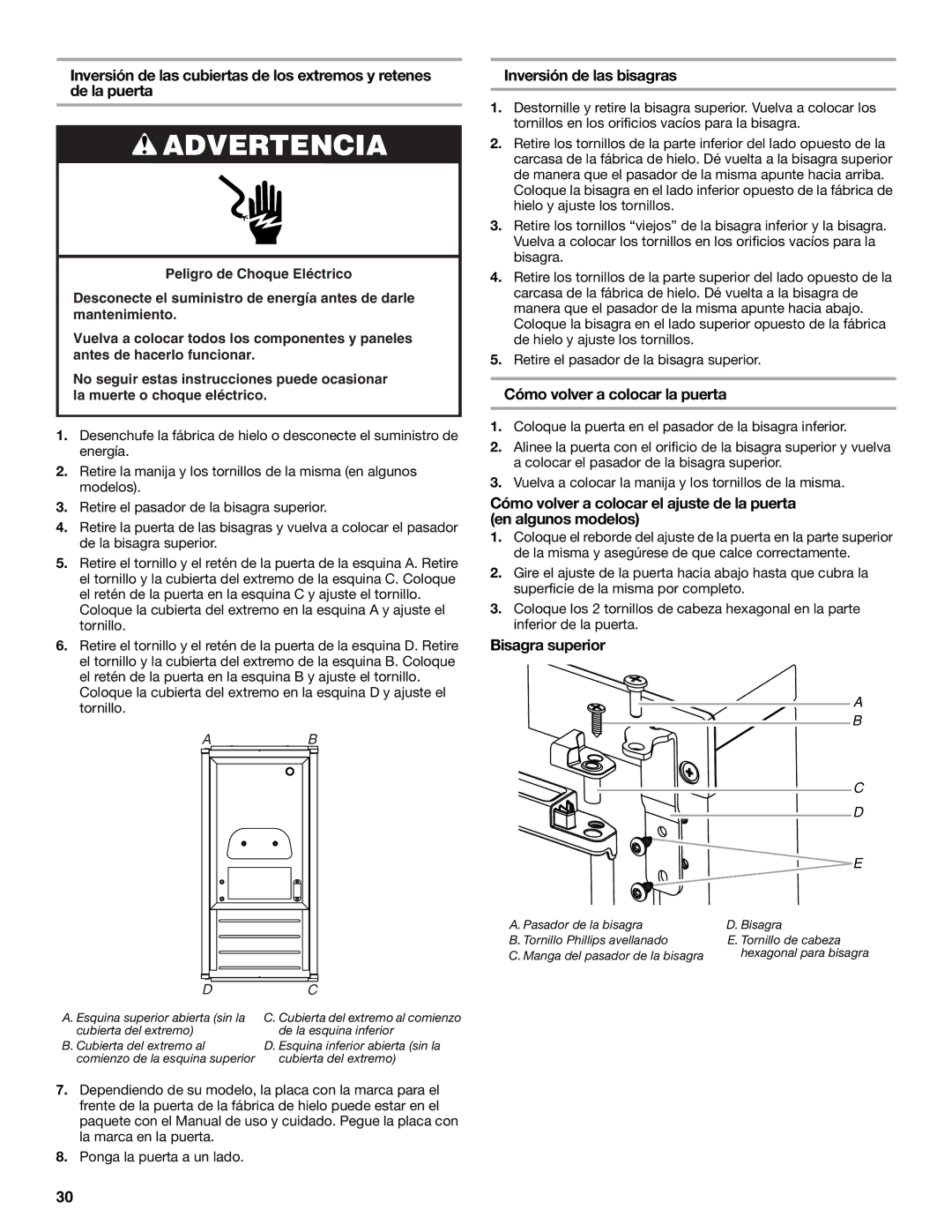 Whirlpool GI15NDXZQ, GI15NDXZS, GI15NDXZB manual Inversión de las bisagras, Cómo volver a colocar la puerta, Bisagra superior 