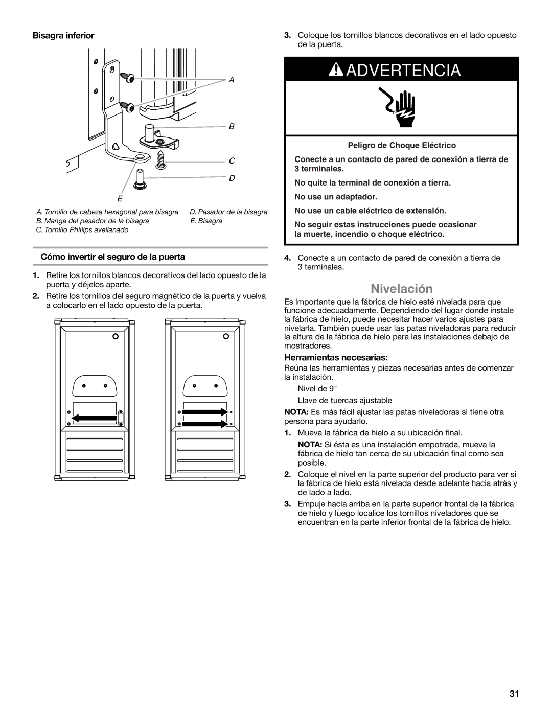 Whirlpool GI15NDXZS, GI15NDXZQ, GI15NDXZB manual Nivelación, Bisagra inferior, Cómo invertir el seguro de la puerta 