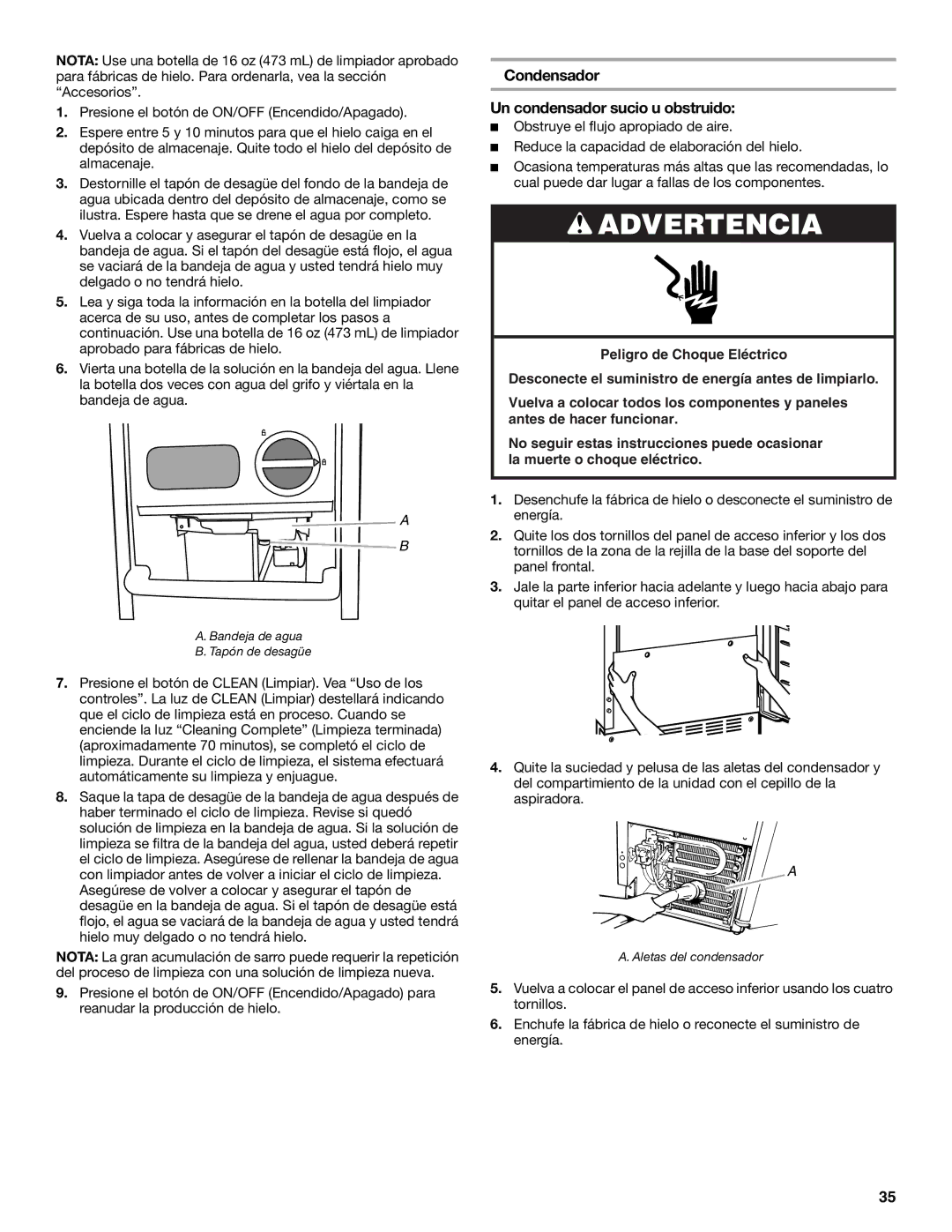 Whirlpool GI15NDXZB, GI15NDXZQ, GI15NDXZS Condensador Un condensador sucio u obstruido, Bandeja de agua Tapón de desagüe 