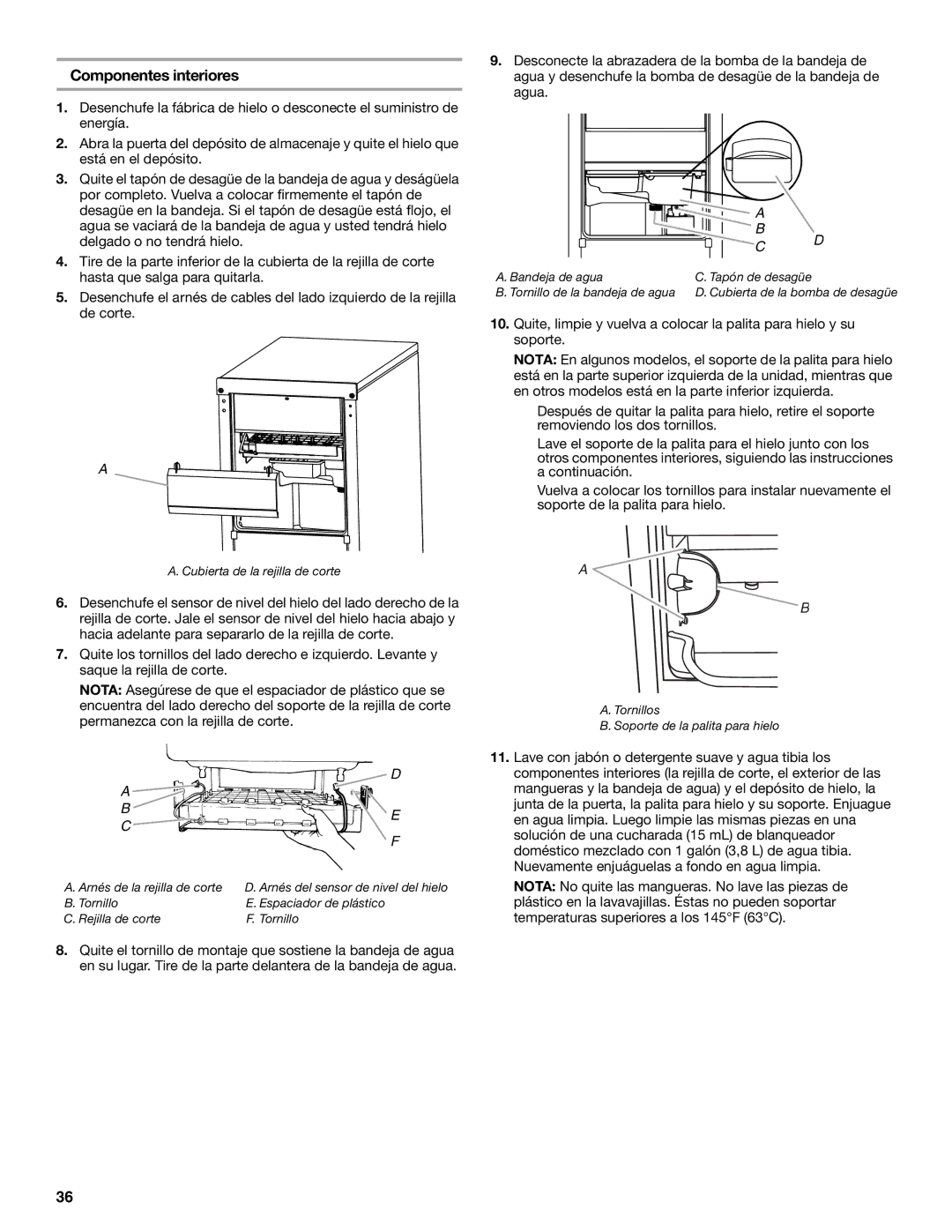 Whirlpool GI15NDXZQ, GI15NDXZS, GI15NDXZB manual Componentes interiores, Tornillo Espaciador de plástico Rejilla de corte 