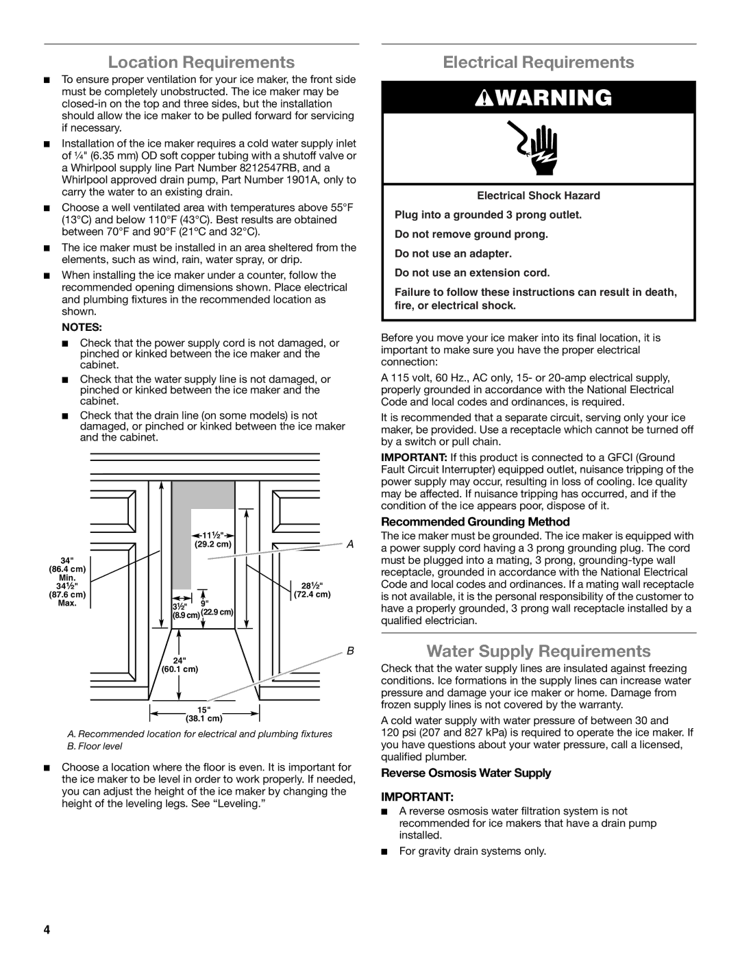 Whirlpool GI15NDXZS, GI15NDXZQ, GI15NDXZB manual Location Requirements, Electrical Requirements, Water Supply Requirements 